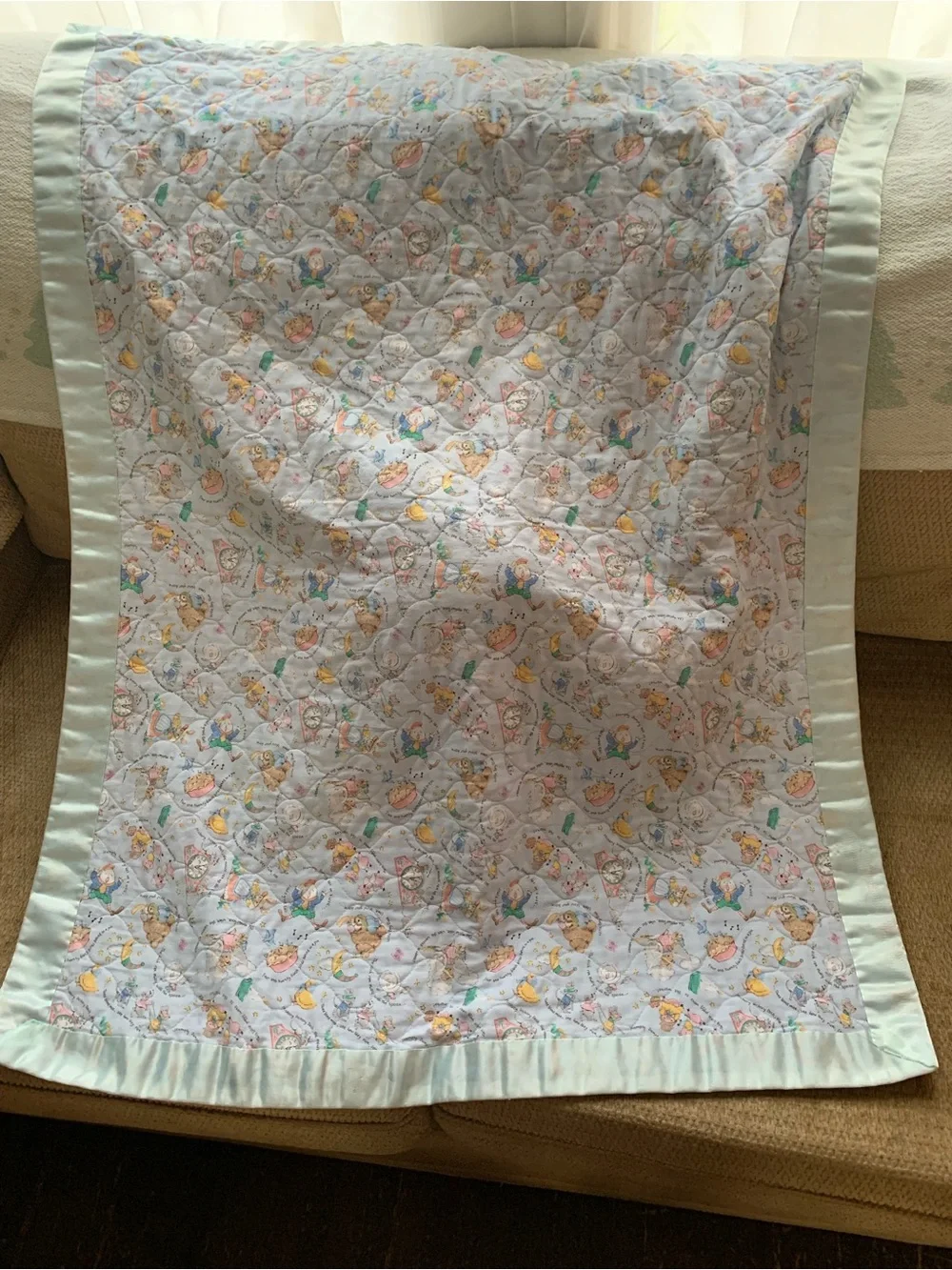 Vintage Quilted Mother Goose Baby Throw w/Trim Pastel Mint & Multi-Color